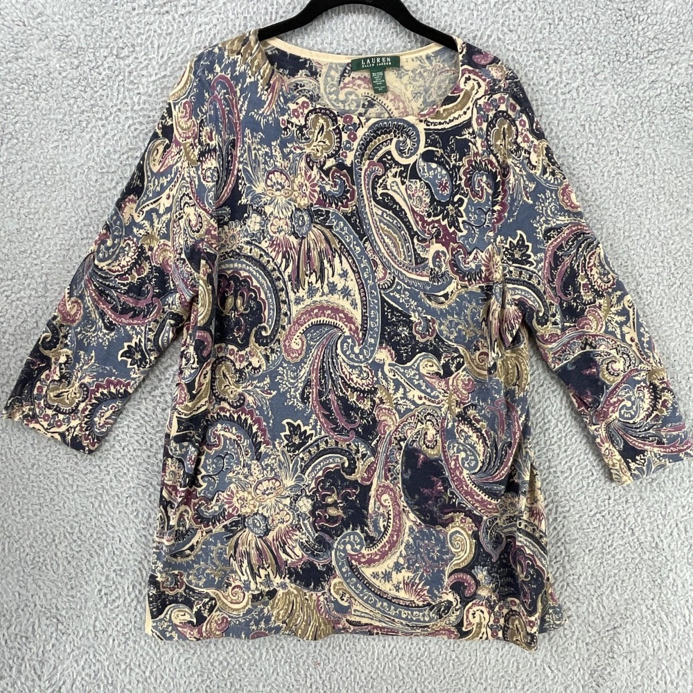 Lauren Ralph Lauren Top Womens 2X Blue Silk Paisley Knit Tunic 3/4 Sleeve